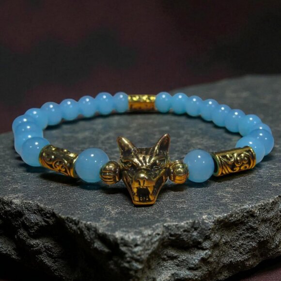 NEW Handmade Gold Wolf & Blue Agate Gemstone Bracelet. - Picture 1 of 5